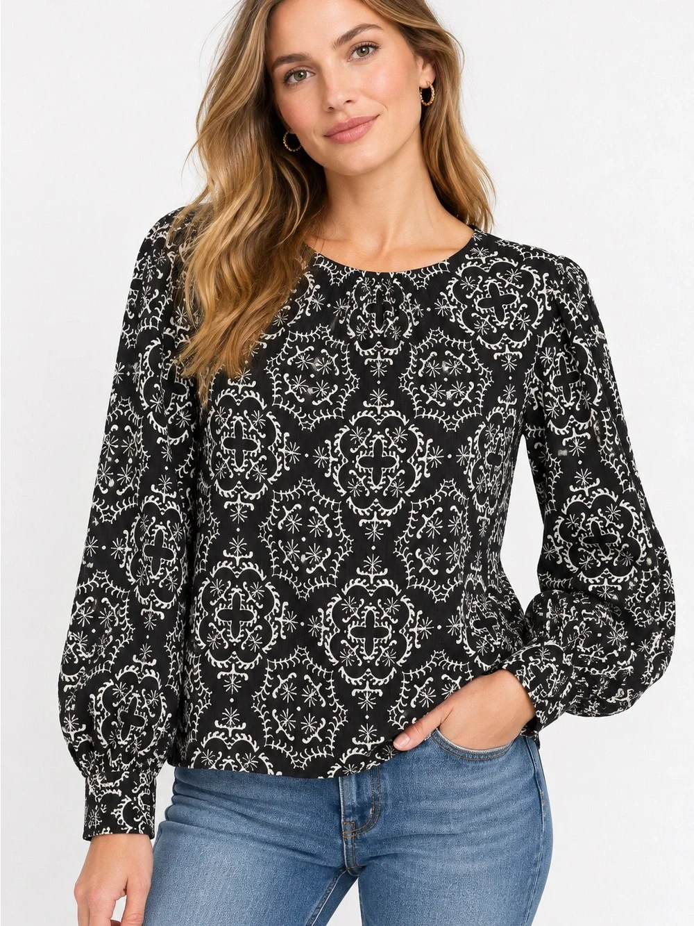 LOFT Black & Ivory Ornamental Print Puff Sleeve Blouse Size L